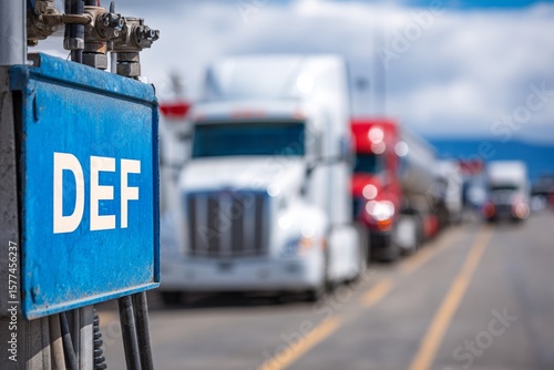 Diesel Exhaust Fluid DEF Sign at Truck Stop with Trucks in Background