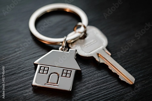 Closemouthed - up of a house - shaped key on a keyring , symbolizing homeownership and security .