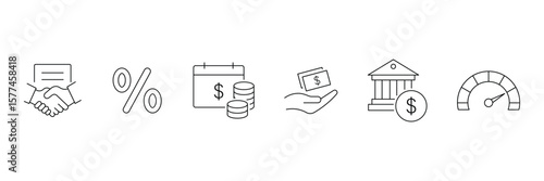 Loan and financing line icon set. Includes approval, interest rate, repayment, mortgage, agreement, penalty, rejection, calculator, credit score and credit score. Vector illustration.