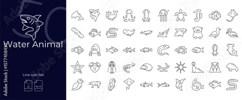 Water Animal Line Editable Icons set. Vector illustration in modern thin line style of Water Animal icons: underwater,shark,dolphin, etc