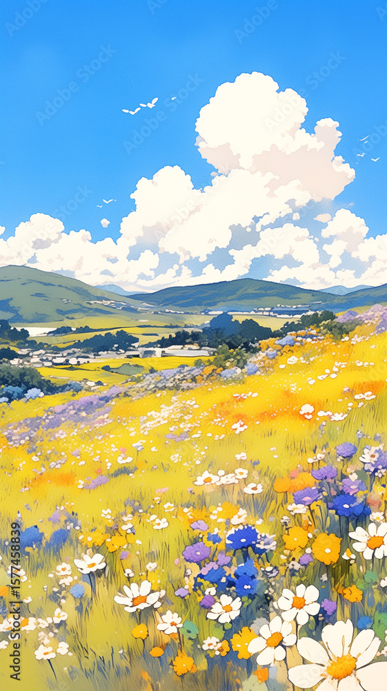 Obraz premium 広大な草原に咲き誇る花と爽やかな青空・雲の形・風の流れ・自然の美しさ・カラフルな花・心が解き放たれる風景・田舎の午後・リラックス