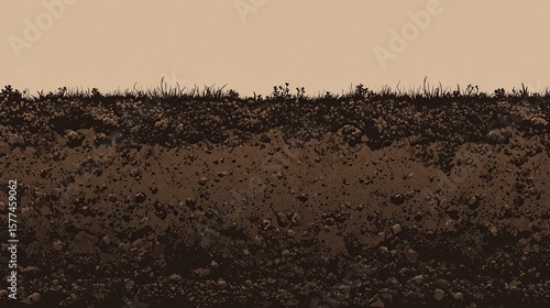 A cross-section illustration of soil, revealing topsoil and subsoil layers with sparse vegetation at the surface against a muted beige sky