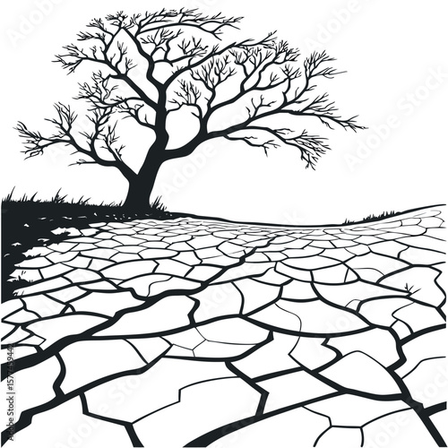 Arid Landscape with Lonely Tree Silhouette Reflecting Environmental Issues and Climate Change Impact on Dry Land and Barren Ground