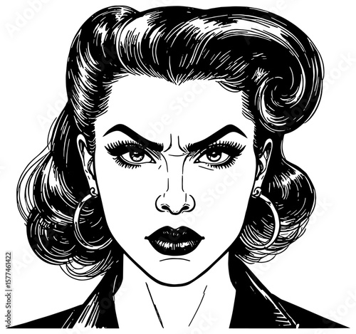 Portrait of an angry woman in black, isolated 