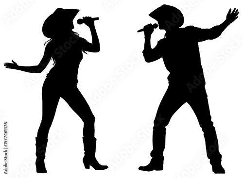 Silhouette of country western singers with microphones, isolated 