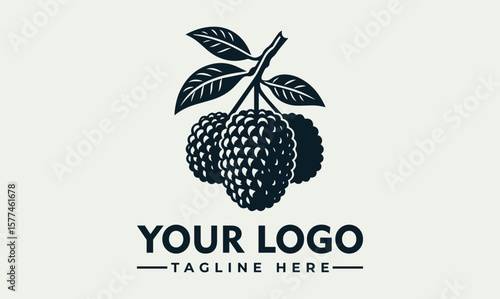 Illustration of three raspberries hanging from a branch with leaves, in a dark monochrome style.