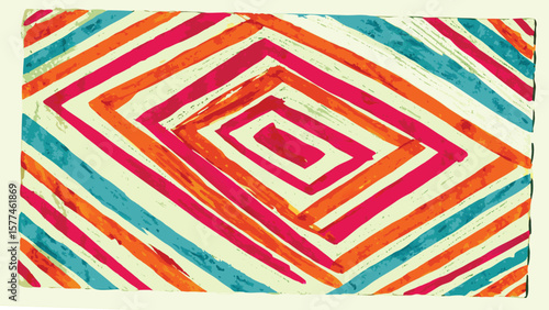 Abstract diamond pattern with diagonal stripes in vibrant colors of orange pink and blue hues art