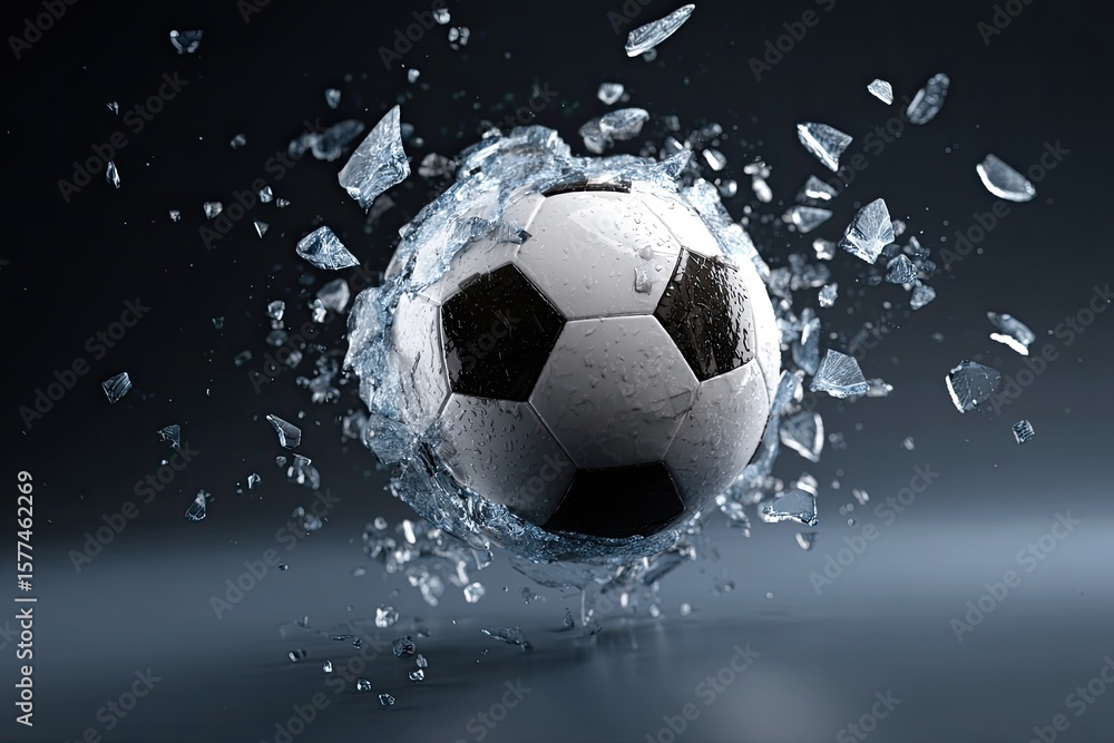 Naklejka premium Football surrounded by glass shards in mid-air explosion captured with high-speed detail and directional lighting emphasizing reflections and debris