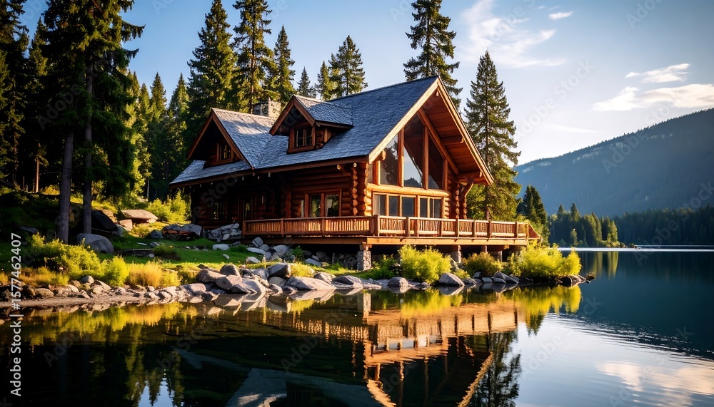 Fototapeta premium Log cabin nestled on a lake shore