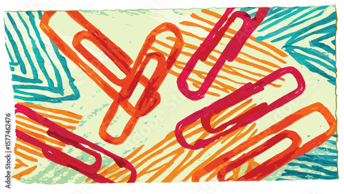 Illustration of overlapping paper clips with colorful abstract line background design art style of drawing
