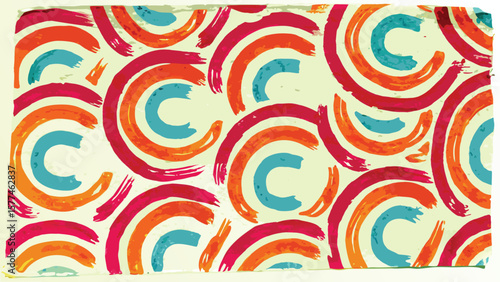Colorful pattern of semi circular brushstrokes in pink orange and blue on a white background art design