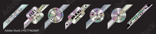 Set of iridescent diagonal holographic sale stickers. Shiny foil labels for Best choice, big sale, special offer, and premium quality. Gradient metallic texture with retro futuristic look on black