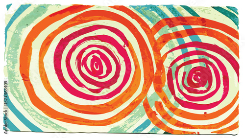 Illustration of two colorful spirals with orange and pink hues on a textured striped background art style