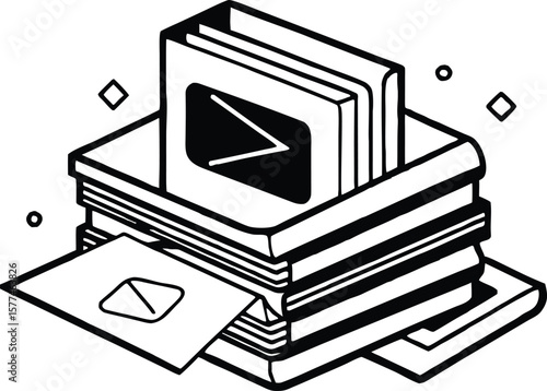 Black and white vector illustration of an old book icon representing education and technology