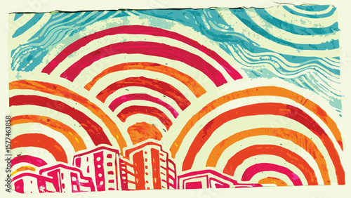 Abstract cityscape with colorful arches and stylized sky in a vibrant artistic rendition