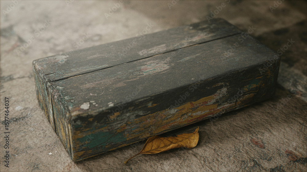 Obraz premium Grunt Weathered Wooden Block with Dried Leaf Detail.