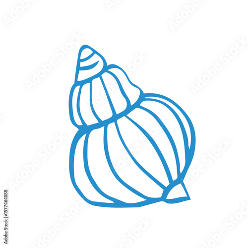 Marine whimsical ink hand drawn seashell in blue color on the white background