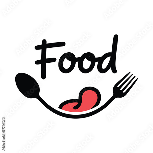 Playful food concept depicting a smiling mouth with a spoon fork and tongue on white background