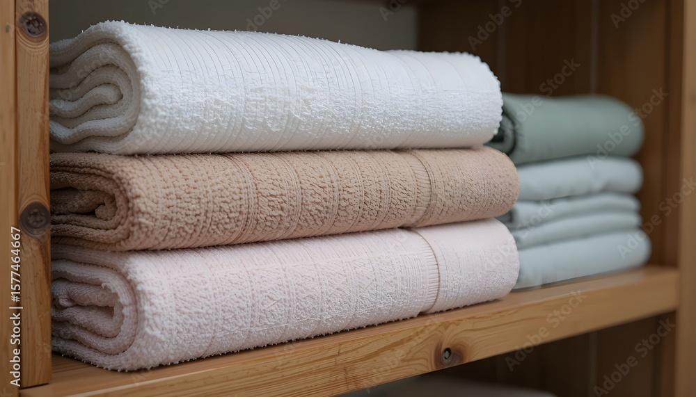 Stacked towels on a bathroom shelf Stacked towels on a bathroom shelf