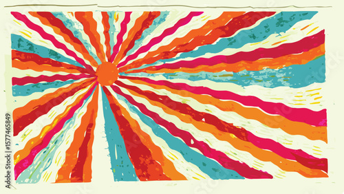 Illustration of a sun with wavy rays emanating outwards in various bright colors on a light background