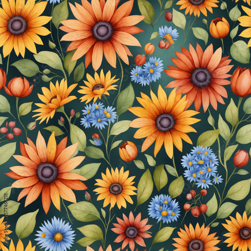 Wallpaper Mural Colorful floral pattern featuring sunflowers and blue flowers   Torontodigital.ca
