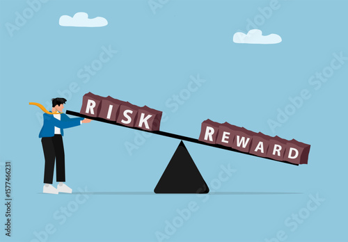 Businessman Holding Seesaw with Risk and Reward Blocks Concept of Financial Decision, Investment Trade-Off, and Business Strategy Vector Illustration