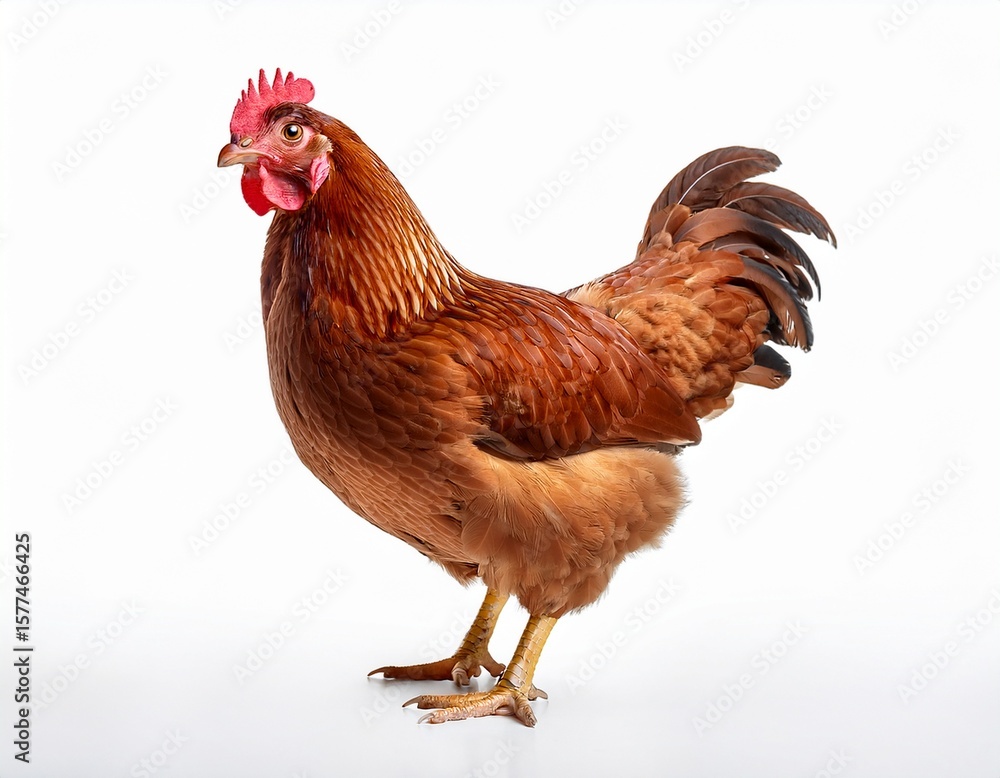 Fototapeta premium full body of brown chicken hen standing isolated white background use for farm animals and livestock theme