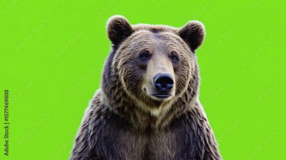 Grizzly bear portrait against vibrant green background, showcasing natural features and expression Grizzly bear portrait against vibrant green background, showcasing natural features and expression