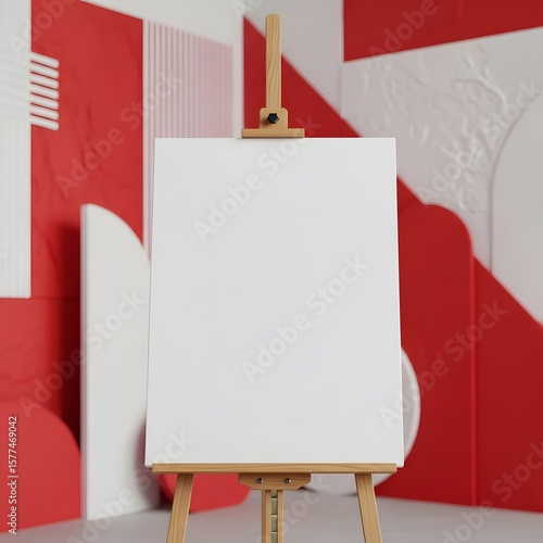 Blank canvas on wooden easel against red and white textured wall. Studio setting with artistic elements. Concept for art, design, and presentation.