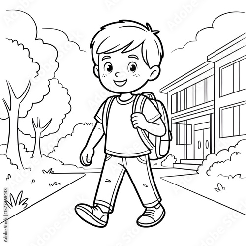 A boy going to school coloring page