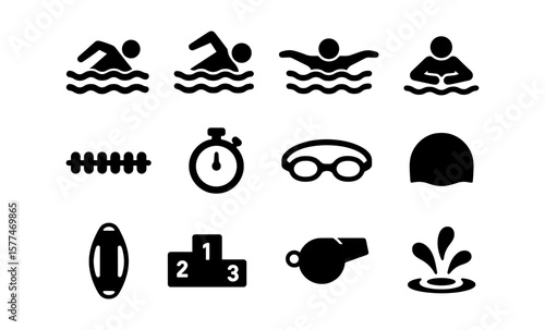 Swimming icons set: silhouettes of swimmers, equipment, and accessories in black