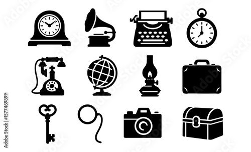 Vintage silhouette icons of classic gadgets and accessories