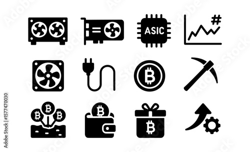 Cryptocurrency mining icons: blockchain, technology, and finance symbols in silhouette design