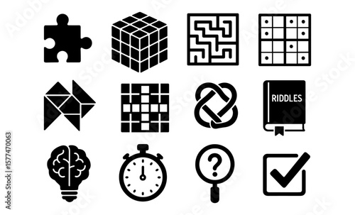 Black puzzle icons set with brain games and logic challenges