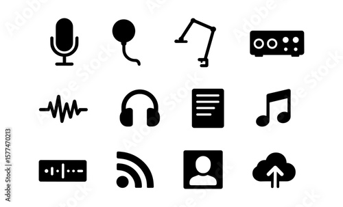 Podcasting equipment icons: microphone, waveform, headphones, music