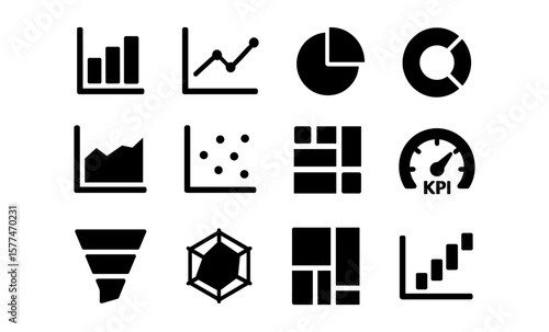 Collection of silhouette data and chart icons for analytics and reports