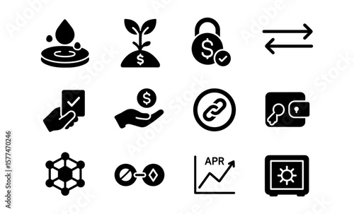 Cryptocurrency icons for finance and blockchain in modern silhouette style
