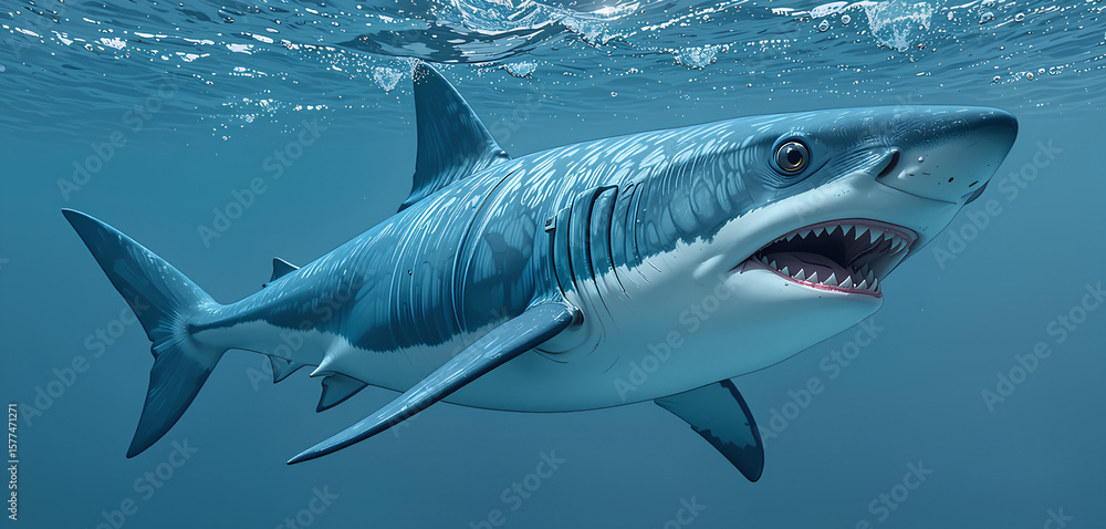 Fototapeta premium Digital Illustration of Great White Shark Floating in Water – Isolated PNG