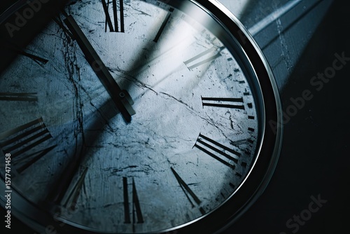 Cricket scoreboard clock face frozen in time with reflections of light streaks and textured glass low-angle side lighting with