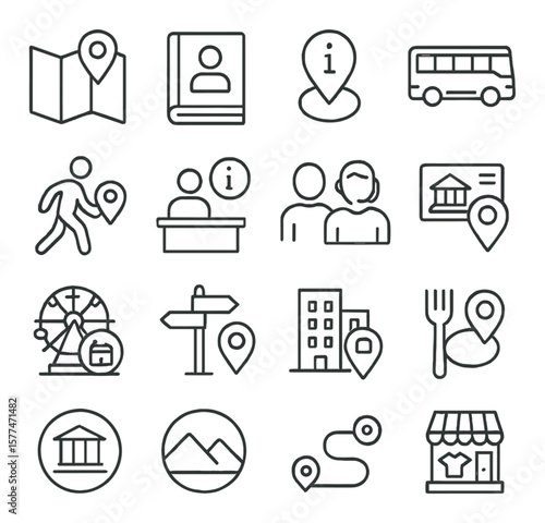 Tourist and travel icon collection, vacation symbols. journey and trip planning set