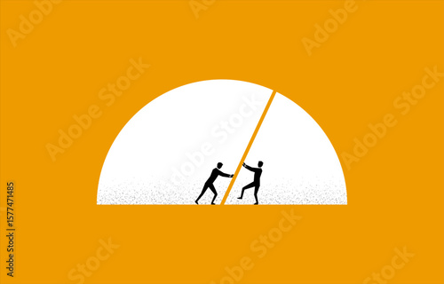 Businessman trying to dominate semicircle from opponent, business competition, market share domination concept, minimal business design.