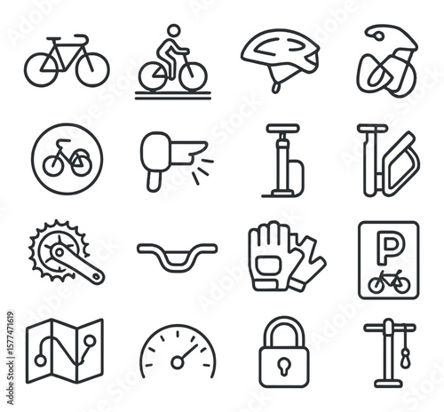 Bicycle icons collection, cycling symbols. bike and ride essentials set