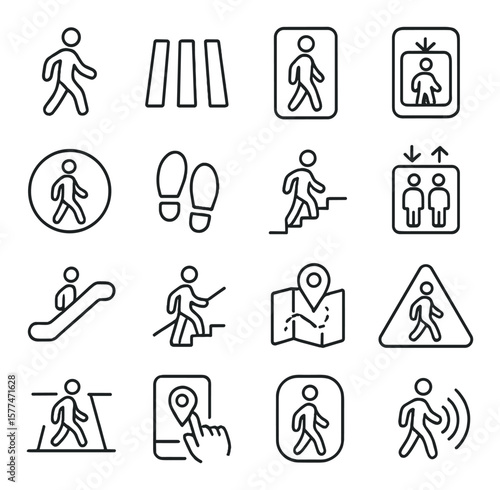 Pedestrian navigation icon collection, walking and direction symbols. wayfinding design set