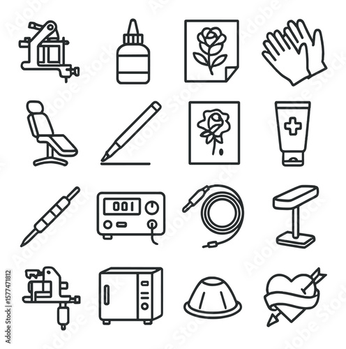 Tattoo studio essentials collection, tattooing tools and equipment set for artists
