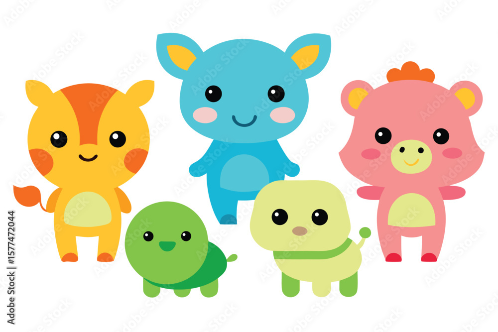 Fototapeta premium Adorable Cartoon Animals Cute Hippo, Squirrel, Pig, Turtle, and Dog Illustrations