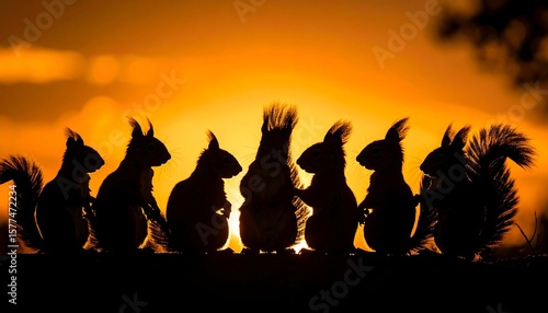 Silhouettes of squirrels at sunset
