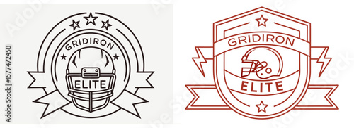 Classic elite gridiron football club emblems featuring helmets, banners, and stars for vintage sports branding, athletic apparel, or tournaments