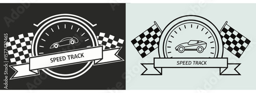 Racing speed track emblem designs with checkered flags, race car dashboards, and modern outlines perfect for motorsport branding