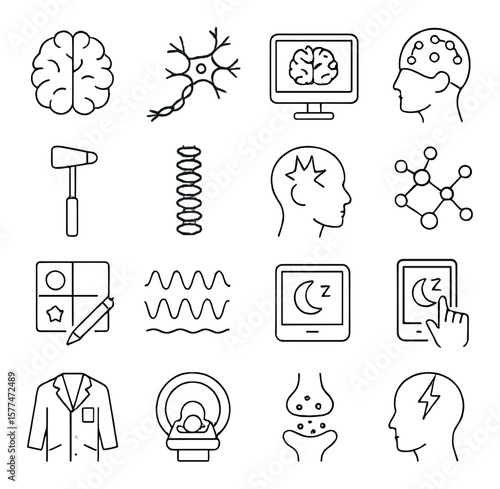 Neurology icon collection, brain health symbols. cognitive and neuroscience set.
