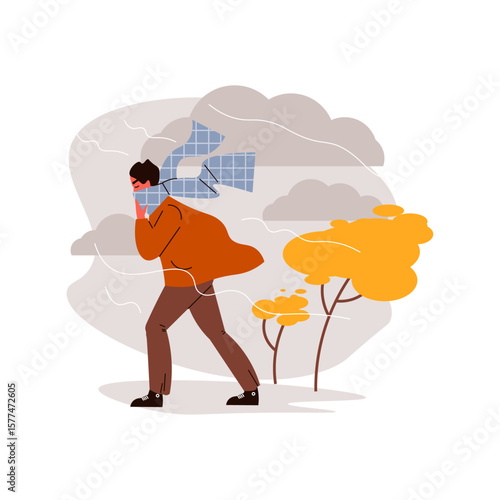 Vector illustration Man walking through the windy weather